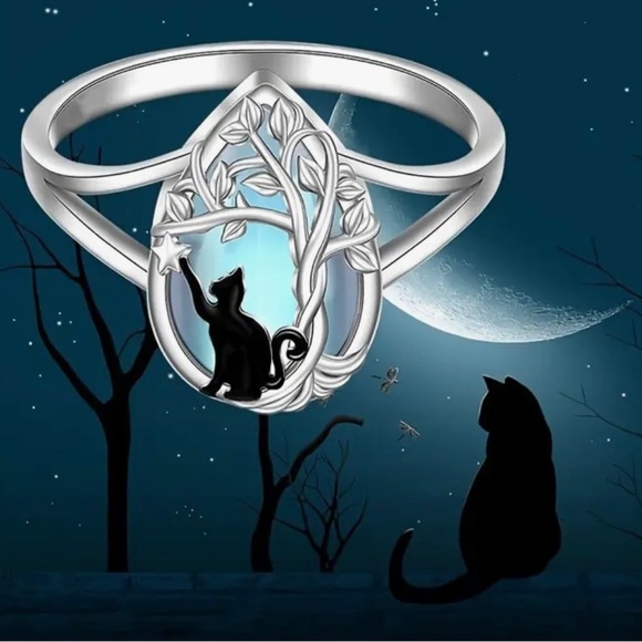 Moonstone Ring Size 8 Moonstone Tree Of Life Black Cat Silver Plated - Picture 1 of 4